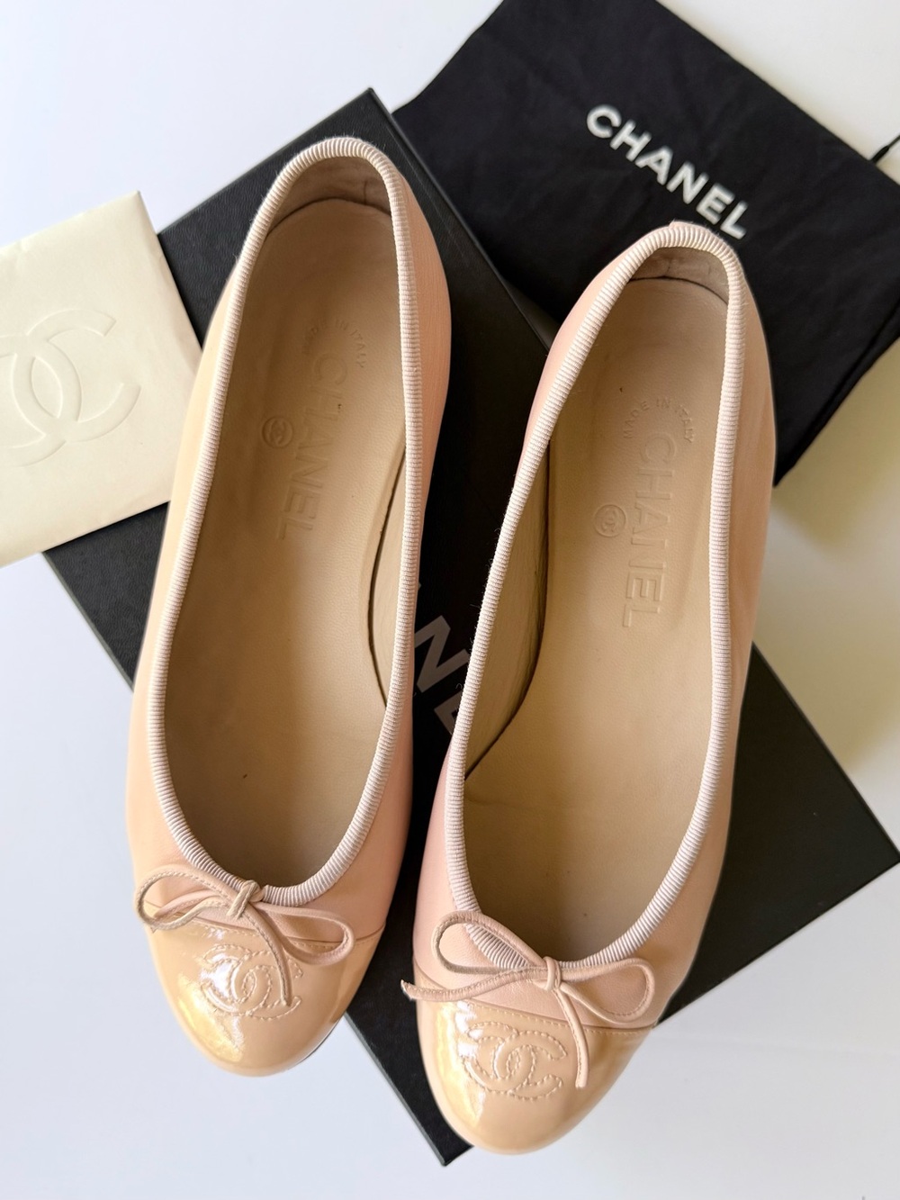 CHANEL Light Pink Leather Ballet Flats Patent CC Logo Cap Toe Size 38